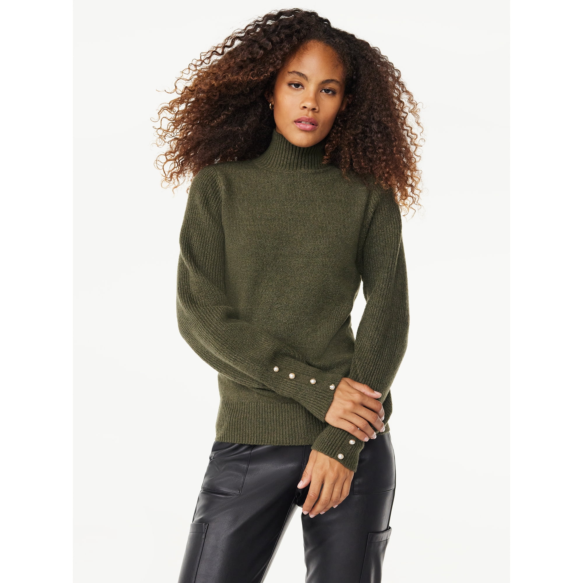 Scoop Women's Long Sleeve Turtleneck Sweater with Button Cuffs, Sizes XS-XXL  - Walmart.com