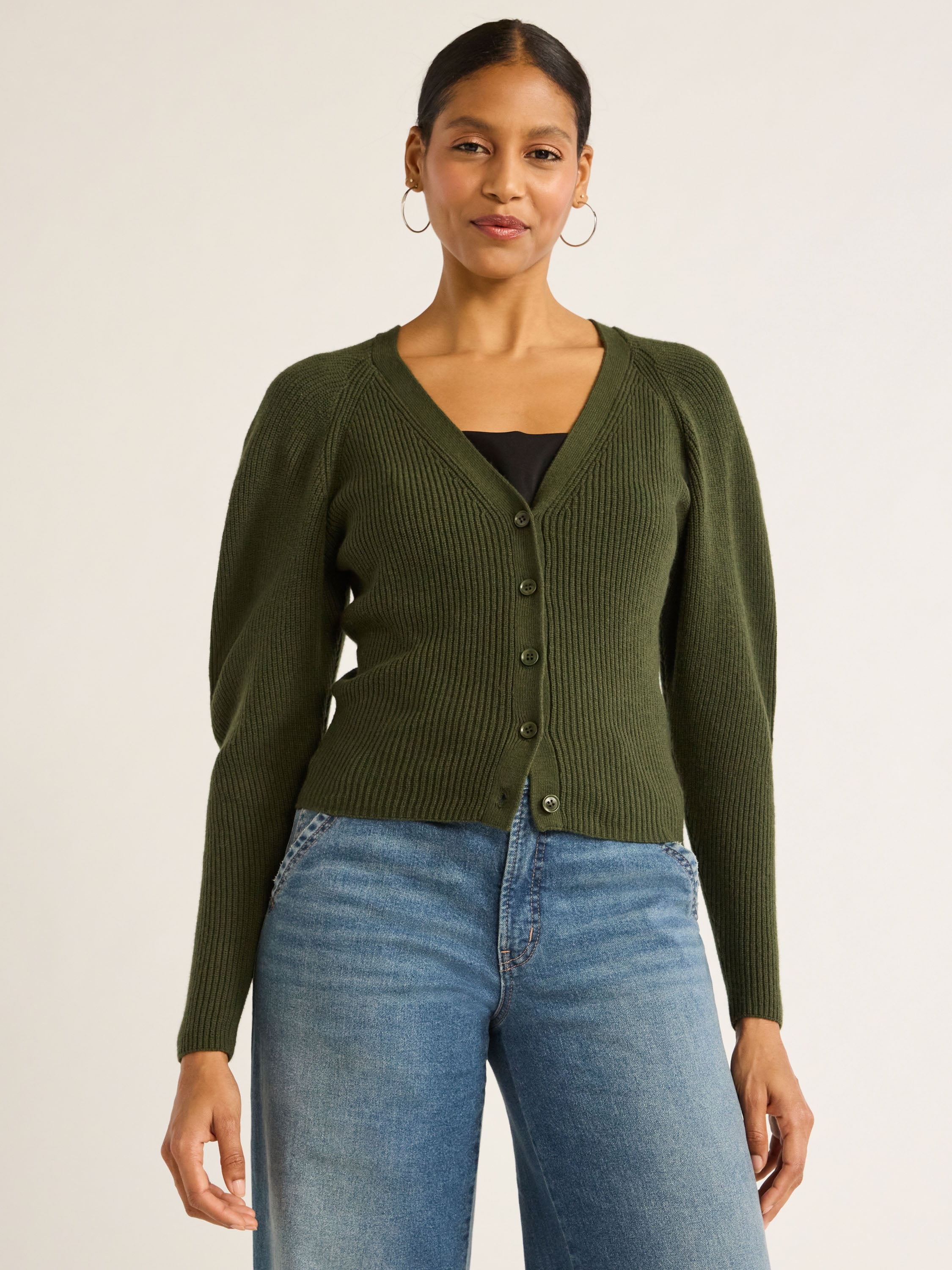 Scoop Women's Puff Sleeve Cardigan Sweater, Lightweight Scoop Women's Puff Sleeve Cardigan Sweater, Lightweight