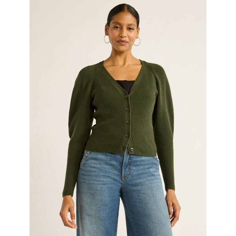 Scoop Women s Puff Sleeve Cardigan Sweater Lightweight Sizes XS XXL Walmart