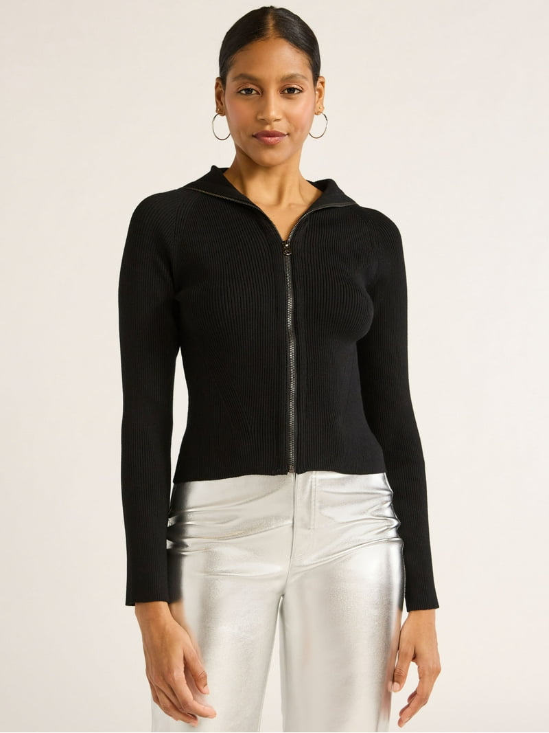 Scoop Women's Ribbed Zip Front Cardigan Sweater Lightweight XS-XXL