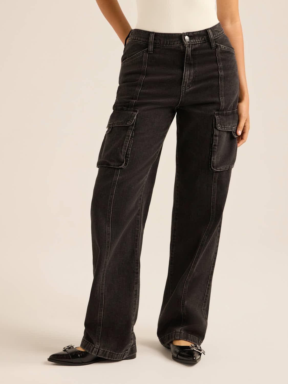 Women White Twill Looped Straps Cargo Jeans