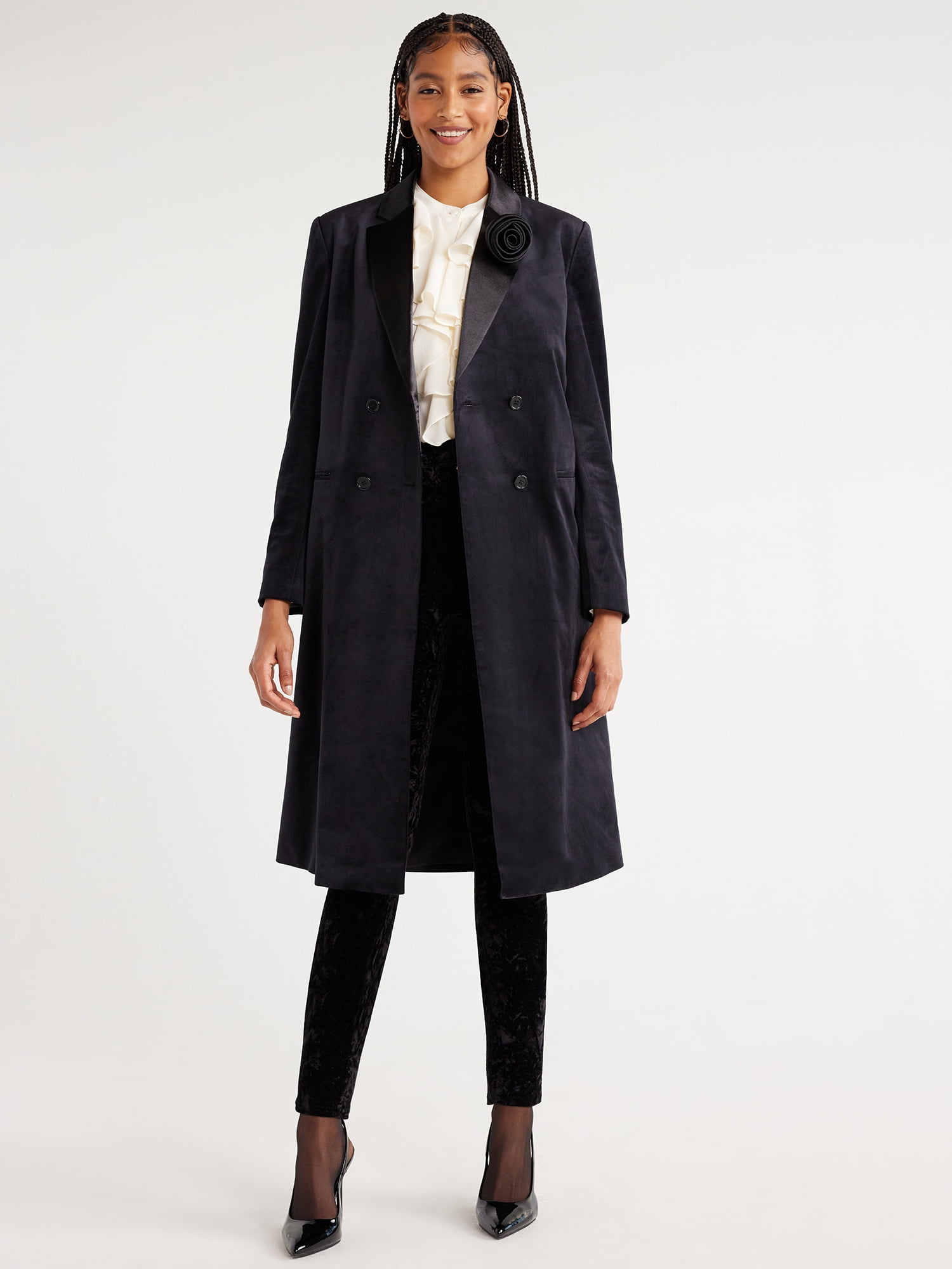 Scoop Women’s Midi Length Velvet Tuxedo Blazer, Sizes XSXXL