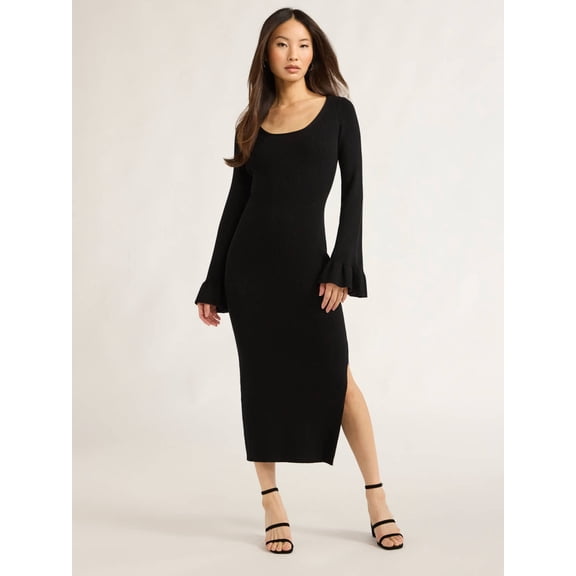 Scoop Women’s Midi Sweater Dress with Ruffled Bell Sleeves, Sizes XS-XXL
