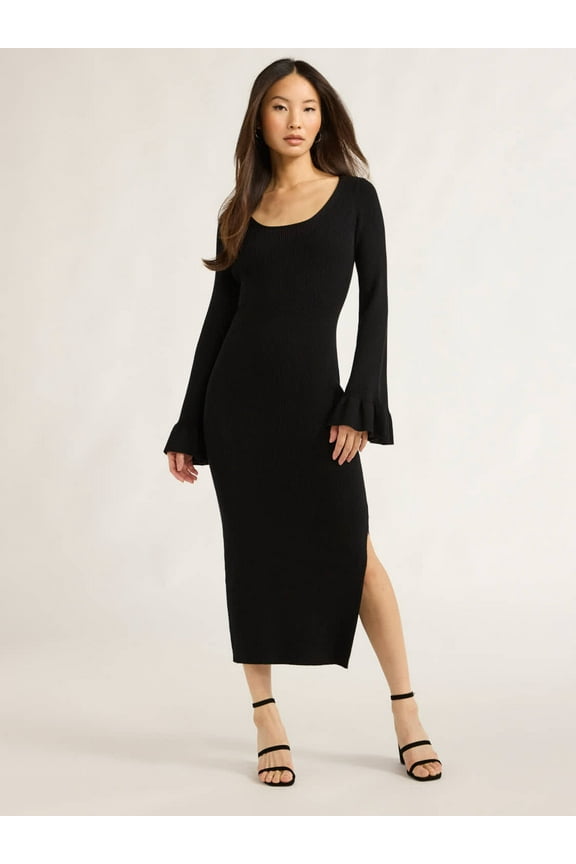 Women’s Midi Sweater Dress with Ruffled Bell Sleeves, Sizes XS-XXL