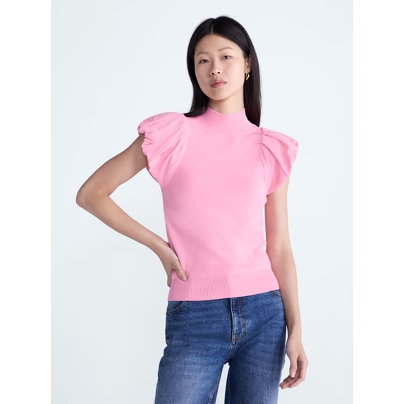 Scoop Women's Mock Neck Top with Bubble Cap Sleeves, Sizes XS-XXL
