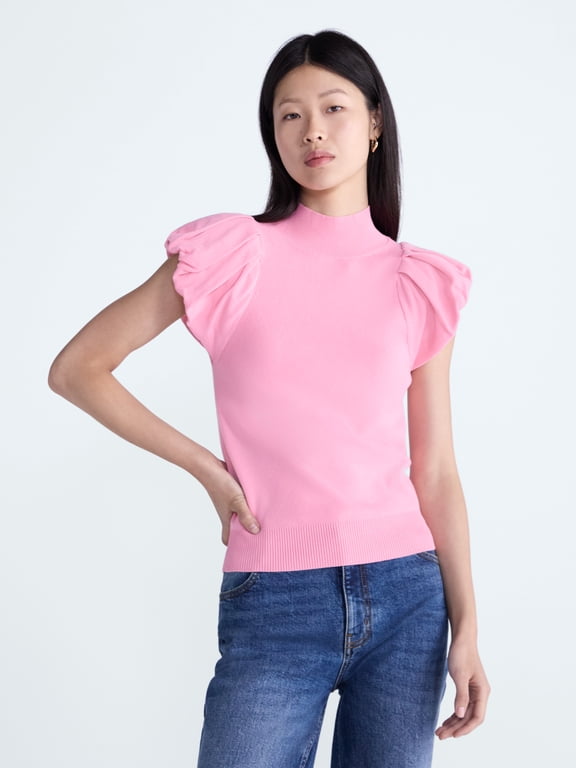 Women's Mock Neck Top with Bubble Cap Sleeves, Sizes XS-XXL