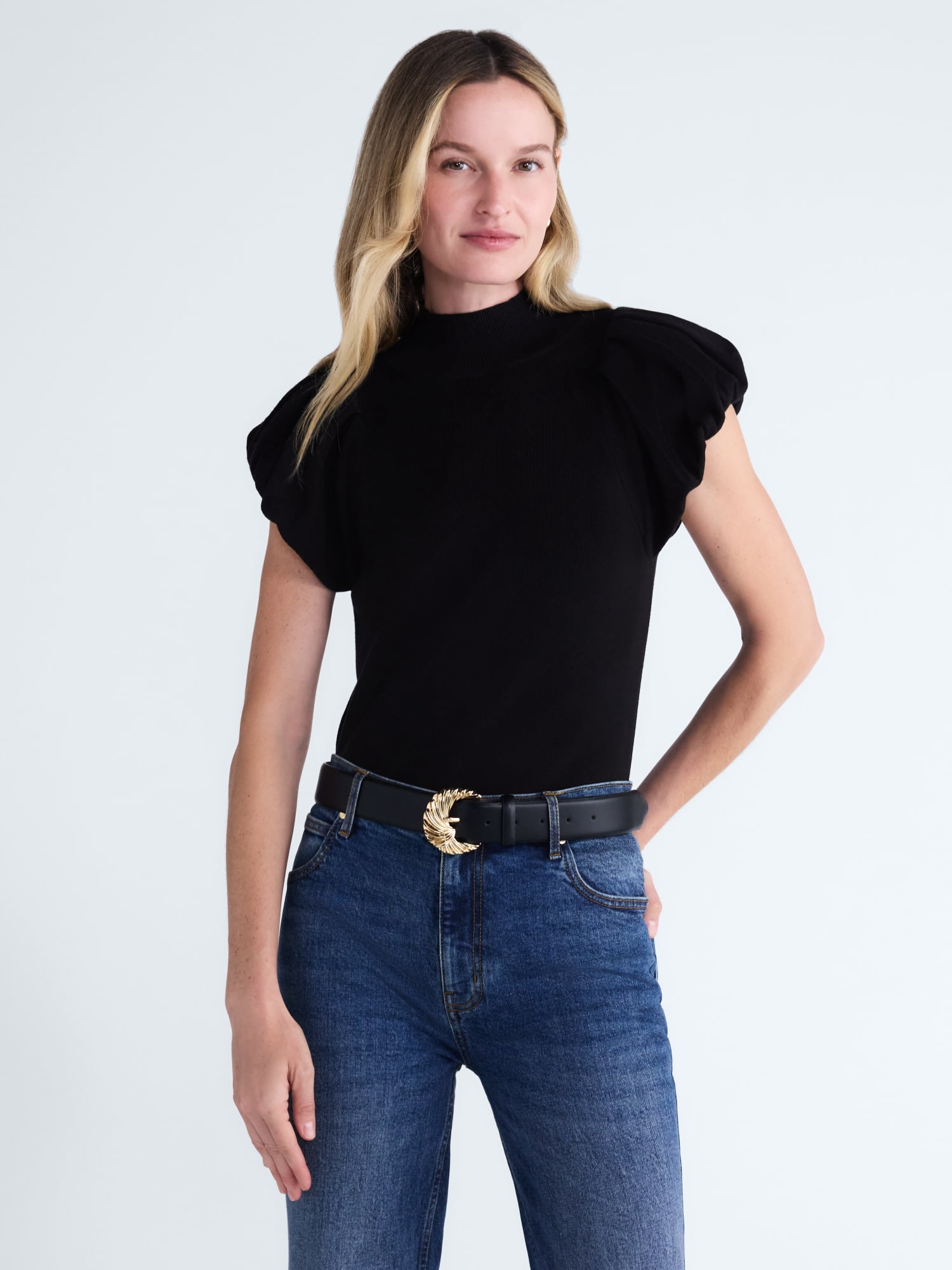 Scoop Women's Mock Neck Top with Bubble Cap Sleeves, Sizes XS-XXL