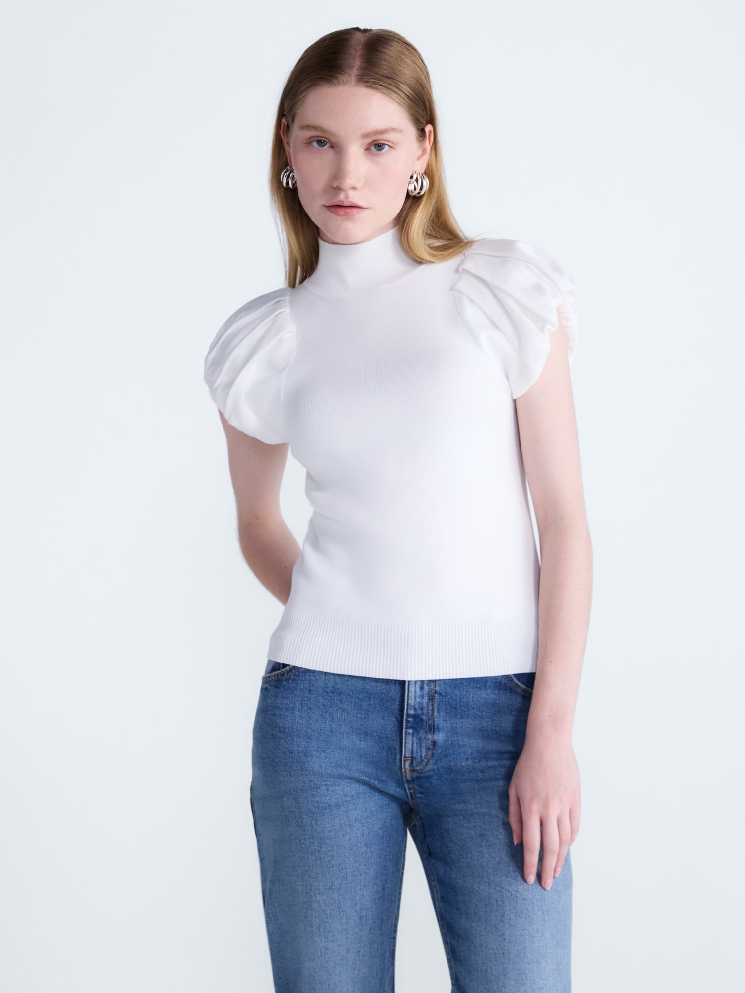 Scoop Women's Mock Neck Top with Bubble Cap Sleeves, Sizes XS-XXL