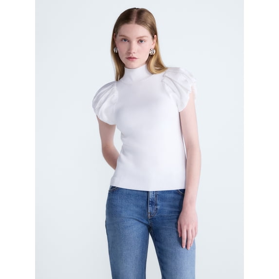 Scoop Women's Mock Neck Top with Bubble Cap Sleeves, Sizes XS-XXL