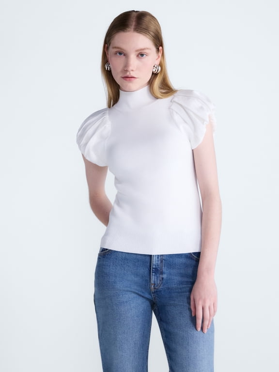 Women's Mock Neck Top with Bubble Cap Sleeves, Sizes XS-XXL