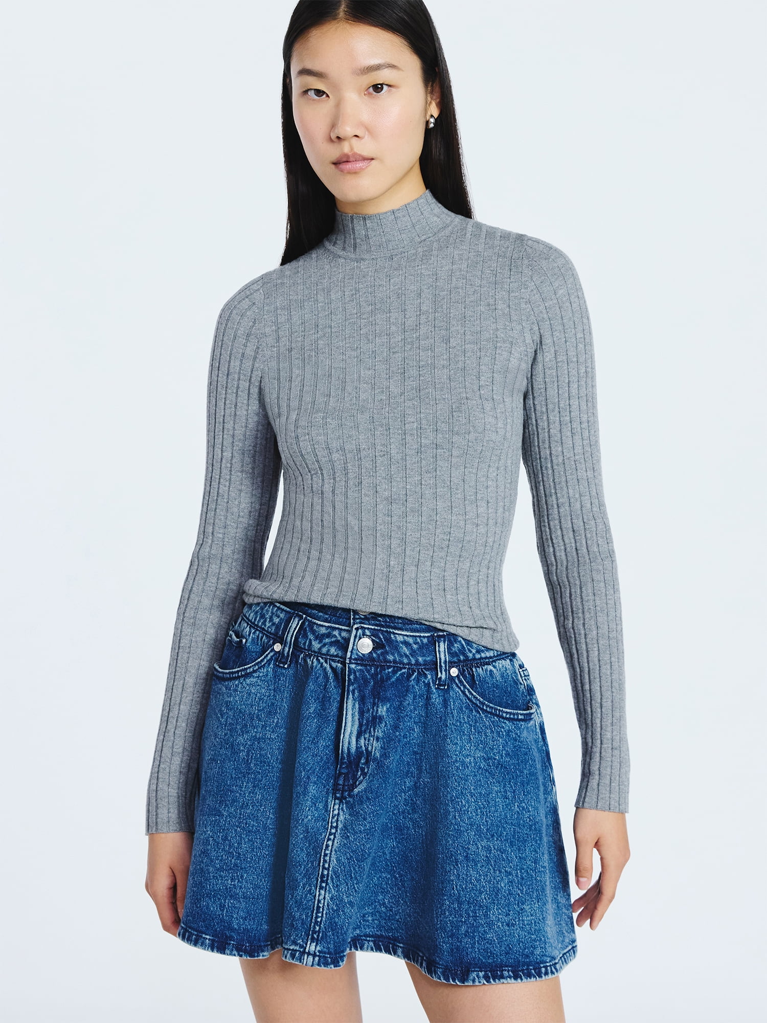 Scoop Women's Ribbed Mockneck Sweater, Lightweight, Sizes XS-XXL