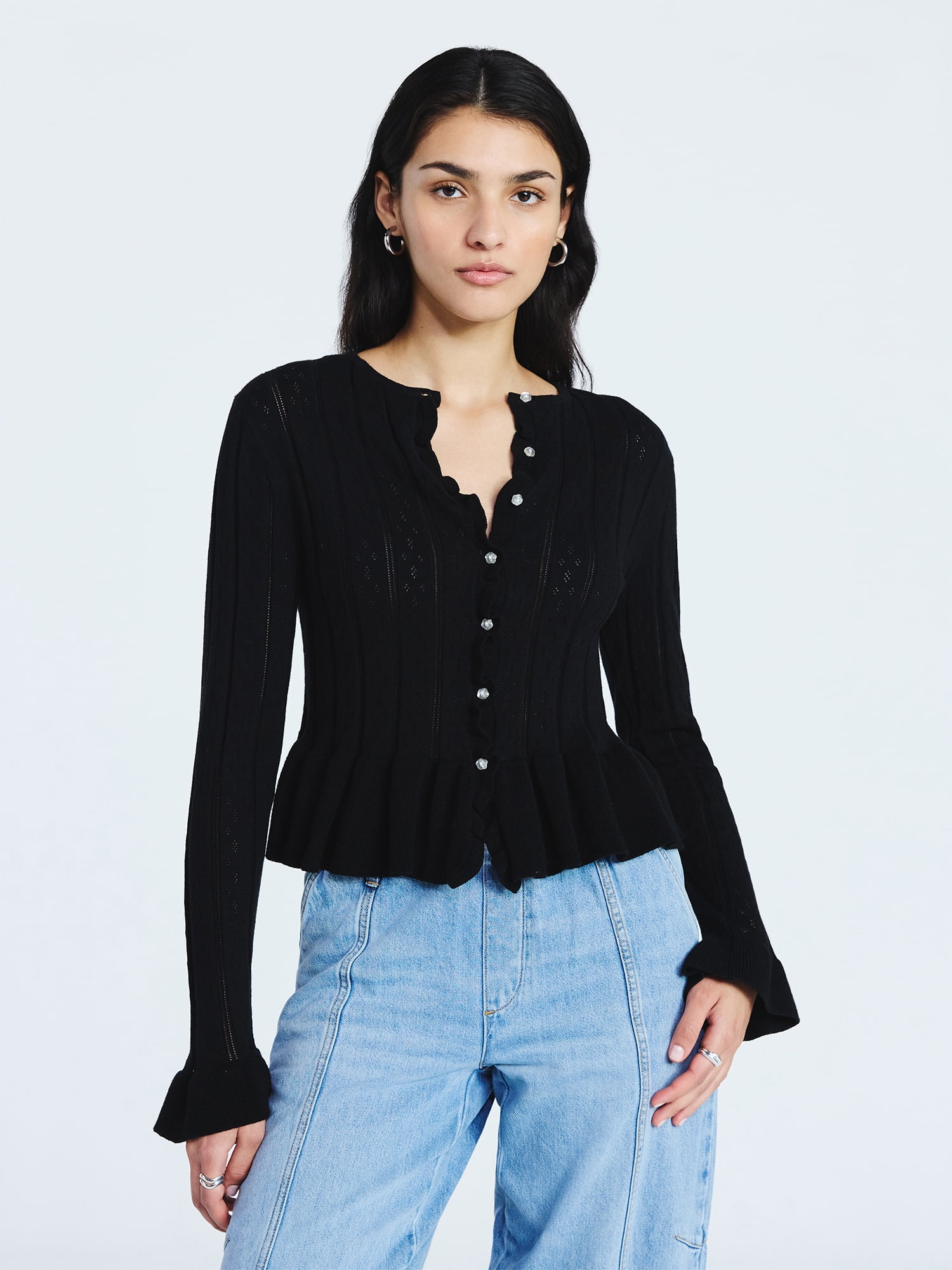 Scoop Women's and Women's Plus Peplum Ruffle Cardigan Sweater