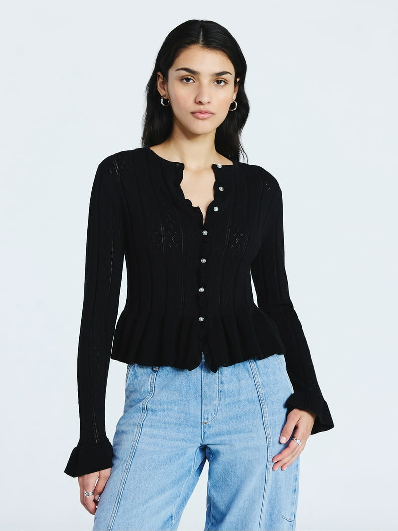 Scoop Women's and Women's Plus Peplum Ruffle Cardigan Sweater