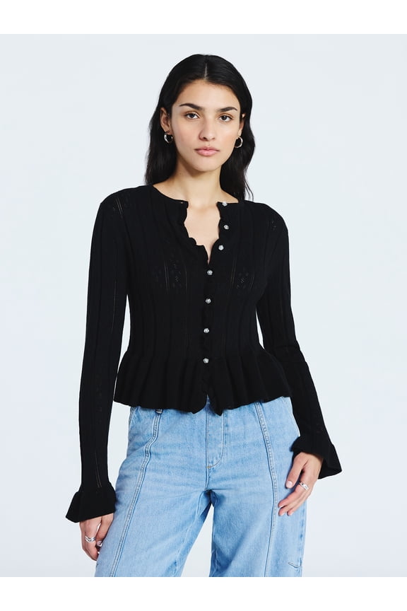 Women's and Women's Plus Peplum Ruffle Cardigan Sweater, Lightweight, Sizes XS-4X