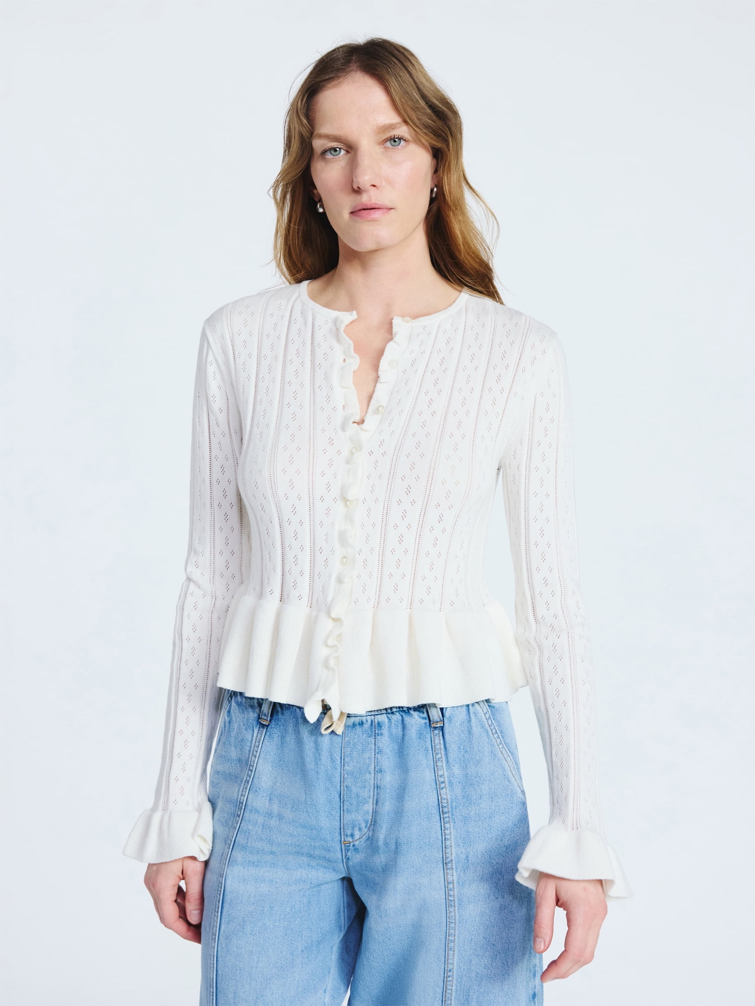 Scoop Women's and Women's Plus Peplum Ruffle Cardigan Sweater