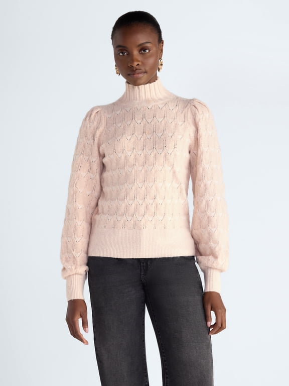 Women's and Women’s Plus Turtleneck Sweater with Puff Shoulders, Sizes XS-4X