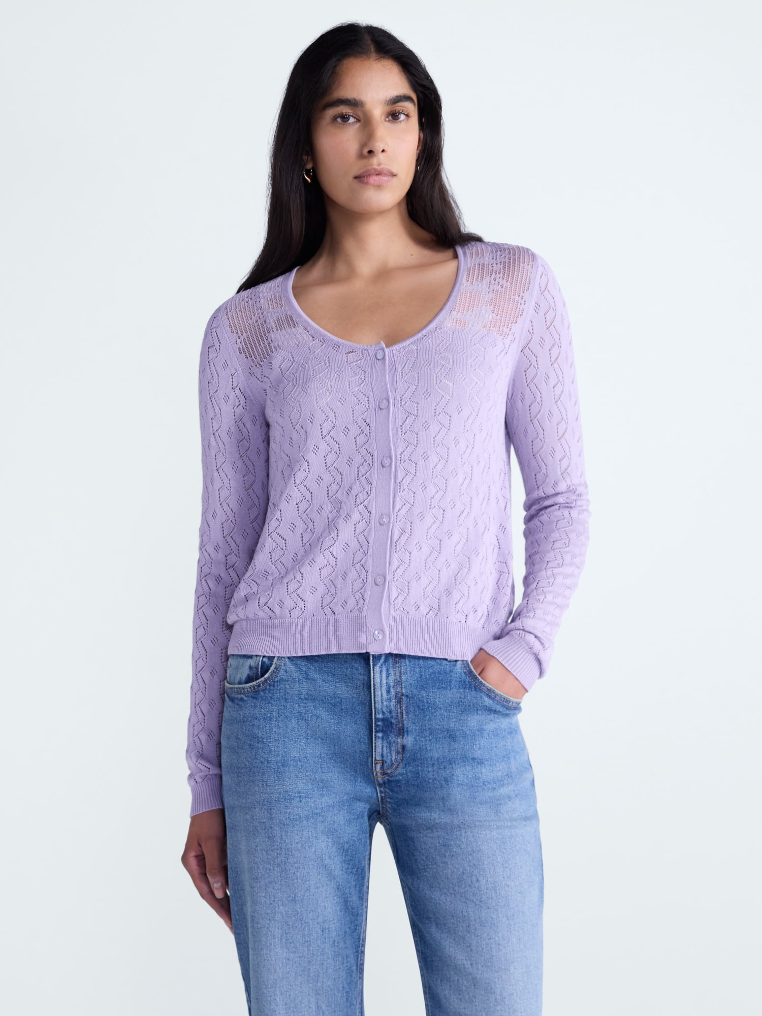 Scoop Women's Pointelle Knit Cardigan Sweater with Long Sleeves, Lightweight, Sizes XS-XXL