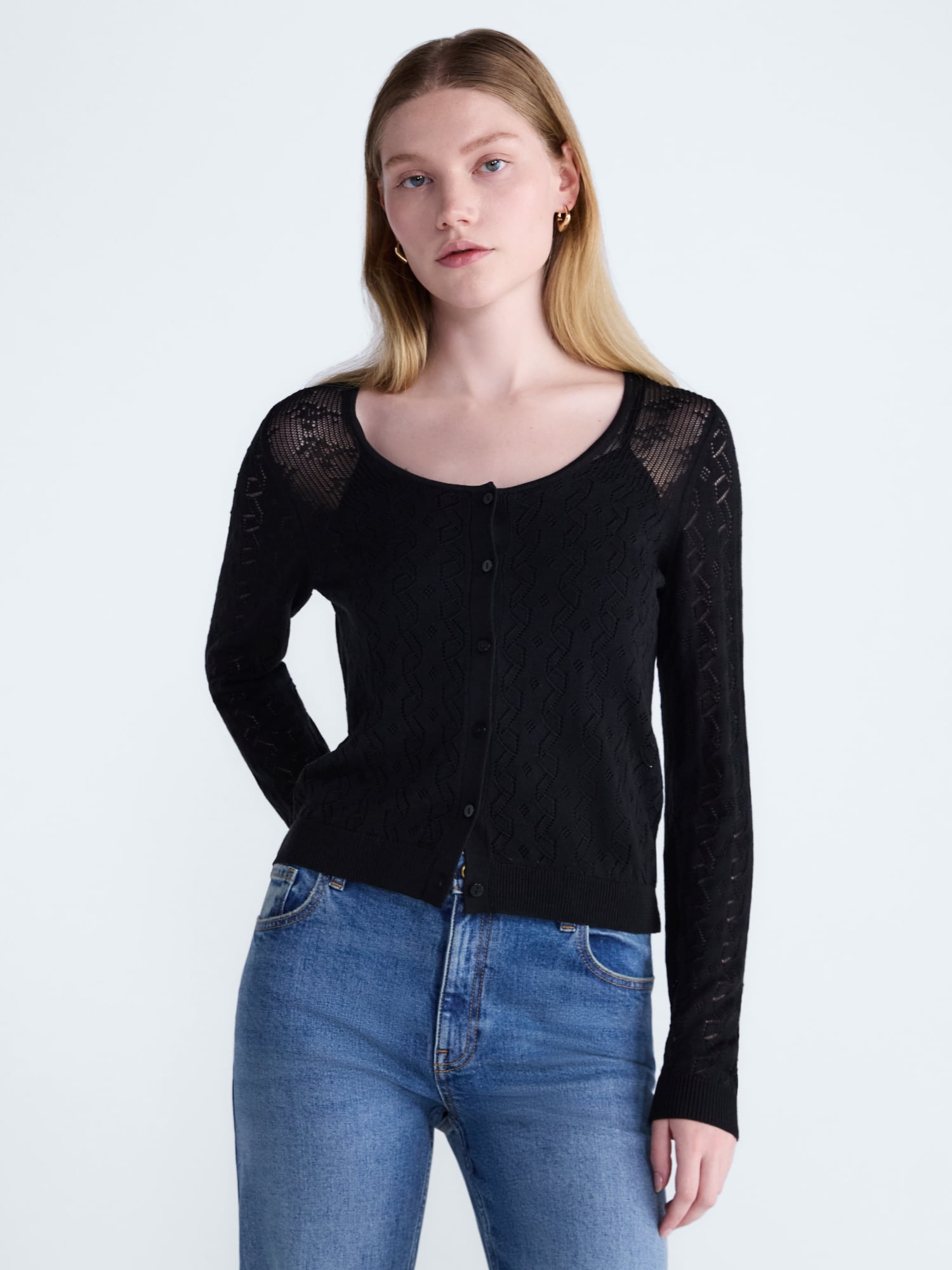 Scoop Women's Pointelle Knit Cardigan Sweater with Long Sleeves, Lightweight, Sizes XS-XXL