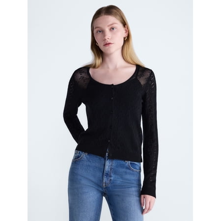 Scoop Women's Pointelle Knit Cardigan Sweater with Long Sleeves, Lightweight, Sizes XS-XXL