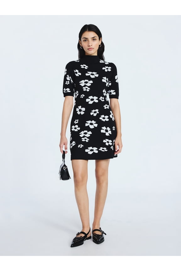 Women's Jacquard Floral Sweater Mini Dress with Short Sleeves, Sizes XS-XXL