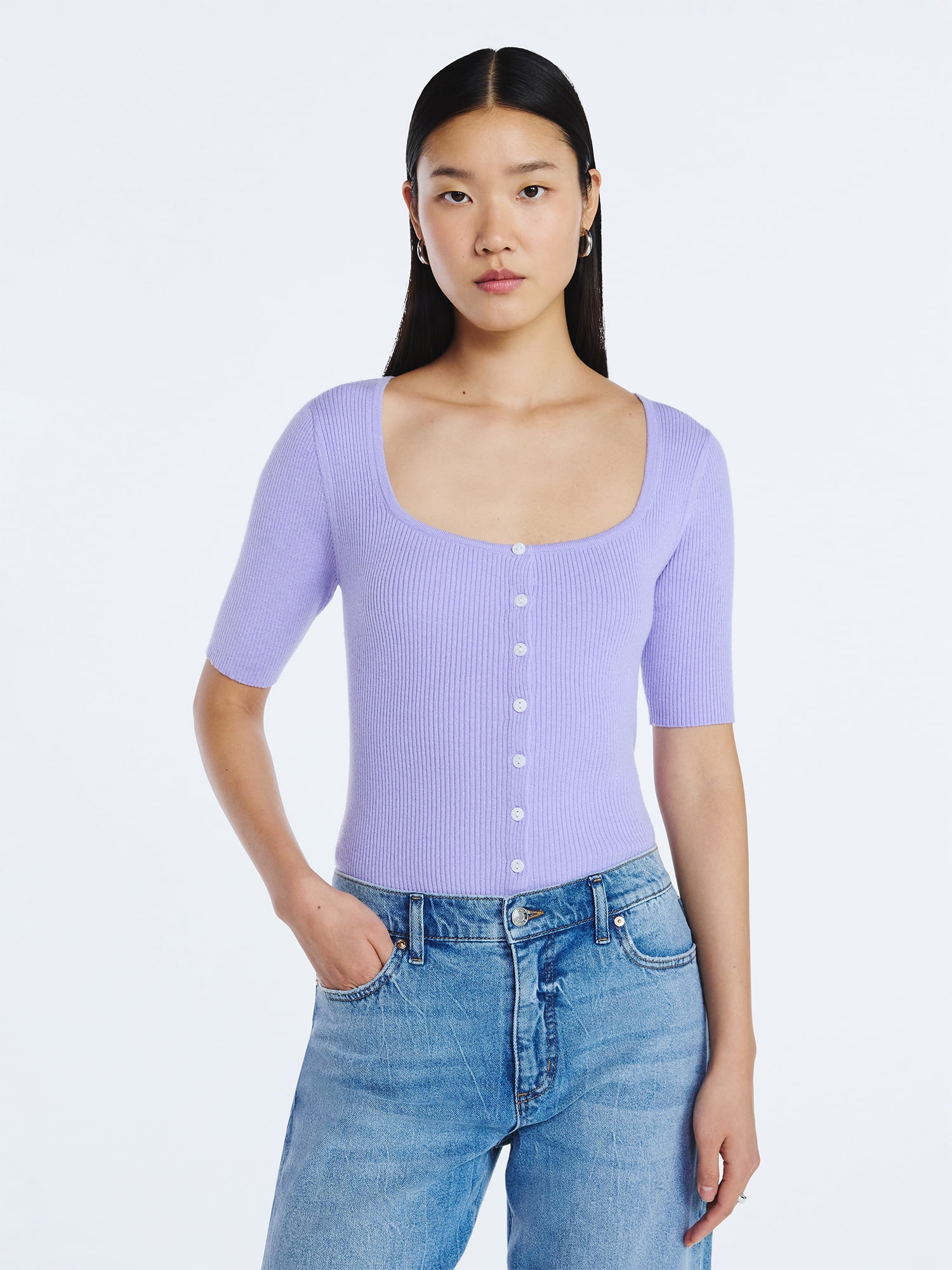 Scoop Women's Square Neckline Cardigan Sweater with Short Sleeves, Lightweight, Sizes XS-XXL