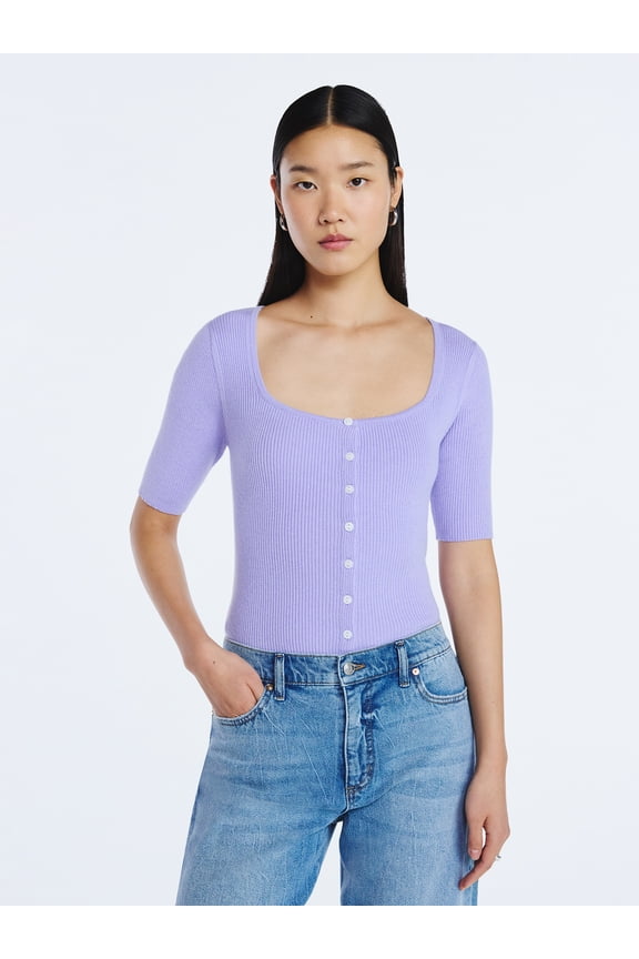 Women's Square Neckline Cardigan Sweater with Short Sleeves, Lightweight, Sizes XS-XXL