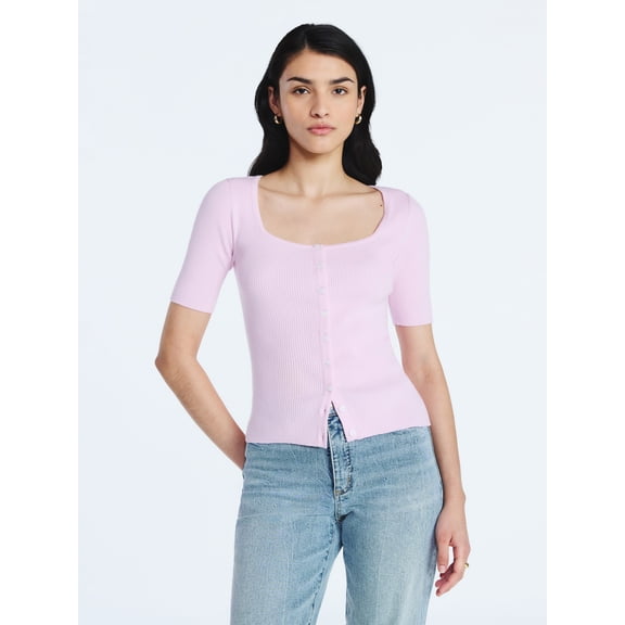 Scoop Women's Square Neckline Cardigan Sweater with Short Sleeves, Lightweight, Sizes XS-XXL