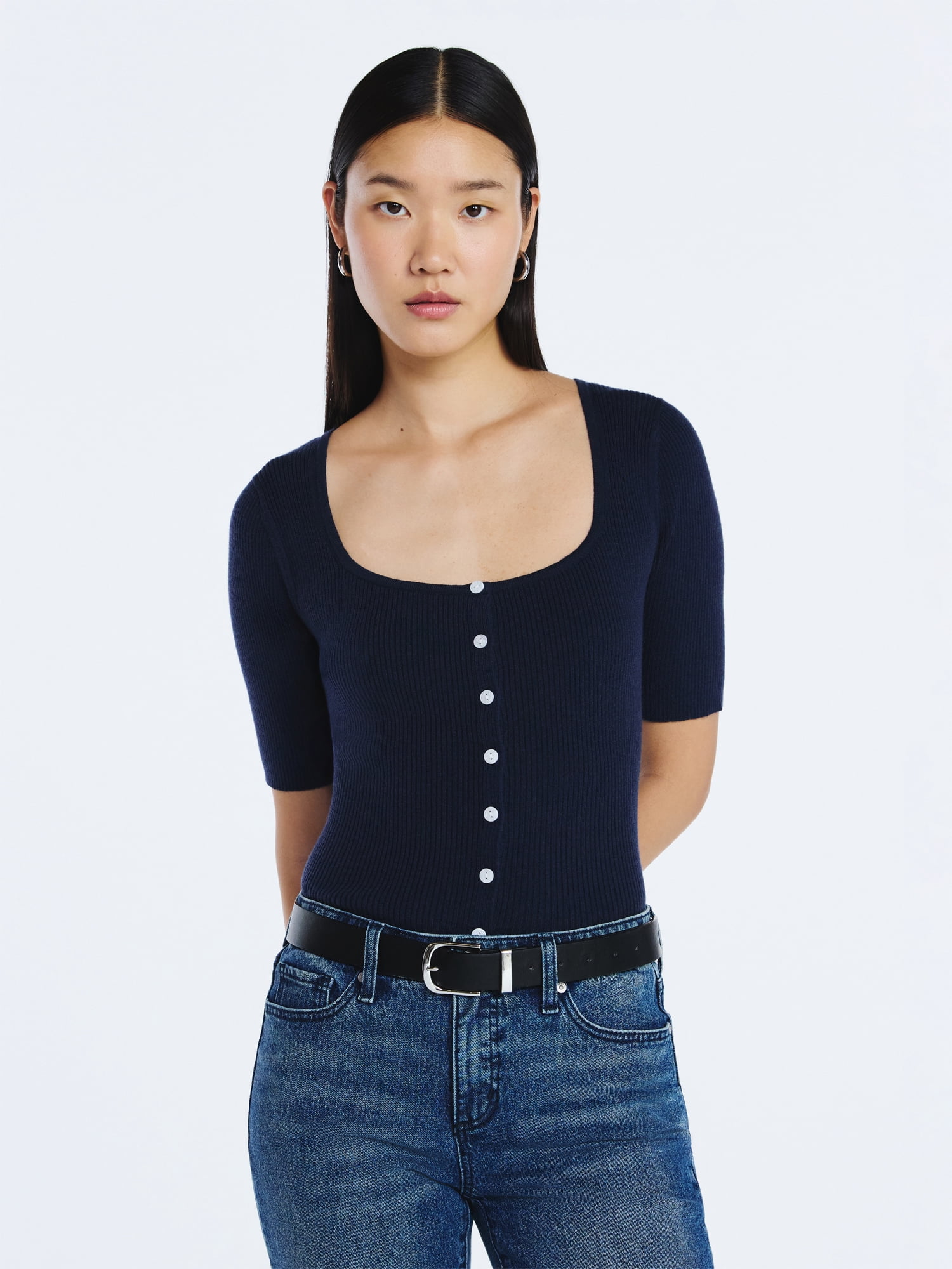 Scoop Women's Square Neckline Cardigan Sweater with Short Sleeves, Lightweight, Sizes XS-XXL