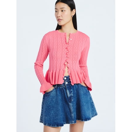 Scoop Women's and Women's Plus Peplum Ruffle Cardigan Sweater, Lightweight, Sizes XS-4X