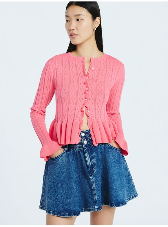 Women's and Women's Plus Peplum Ruffle Cardigan Sweater, Lightweight, Sizes XS-4X