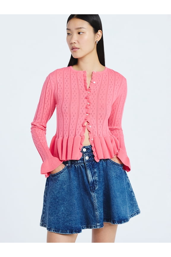 Women's and Women's Plus Peplum Ruffle Cardigan Sweater, Lightweight, Sizes XS-4X