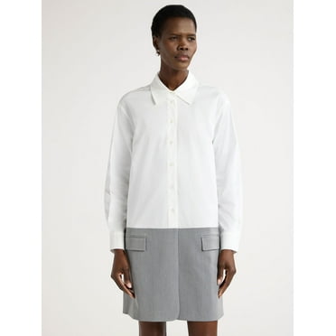 Scoop Women's Mix Media Poplin Suiting Mini Shirtdress with Long Sleeves, Sizes XS-XXL