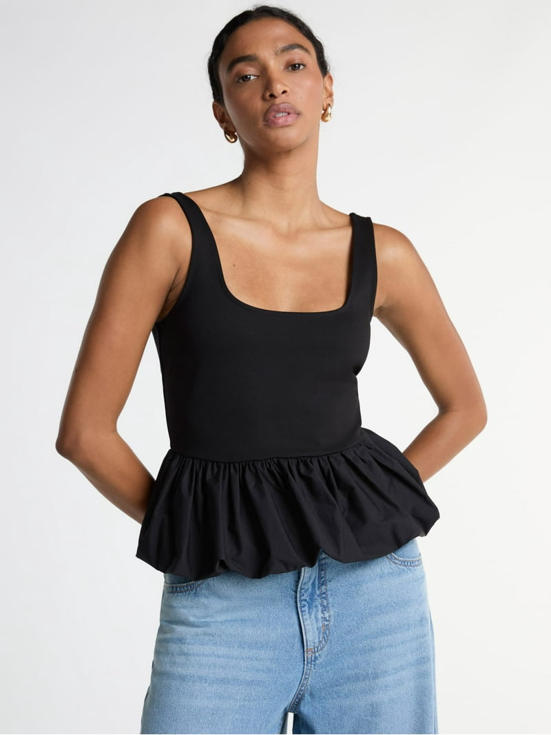 Scoop Women's Mixed Media Bubble Hem Tank Top, Sizes XS-XXL