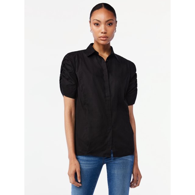 Scoop Women's Oversized ButtonUp Shirt with Ruched Short Sleeves
