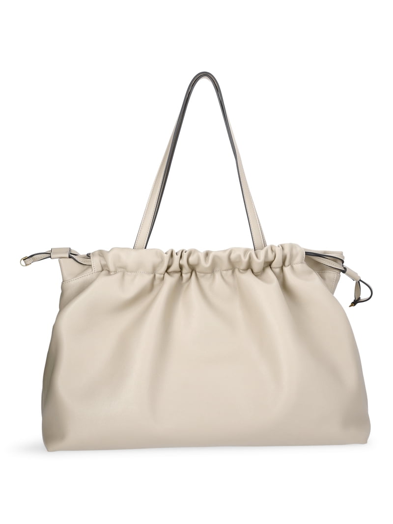 Scoop Women's Faux Leather Oversized Drawstring Pouch Tote, Almond