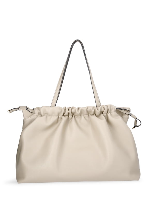 Women's Faux Leather Oversized Drawstring Pouch Tote, Almond Biscuit