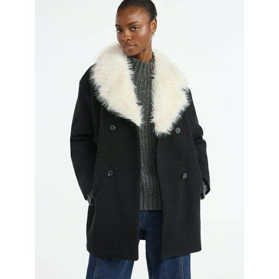 Scoop Women's and Women's Plus Oversized Faux Fur Collar Coat, Heavyweight, Sizes XS-4X