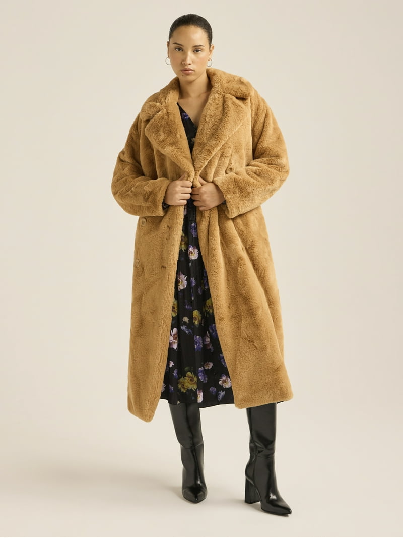 Scoop Women's Women's Plus Faux Fur Oversized Maxi Coat, Sizes
