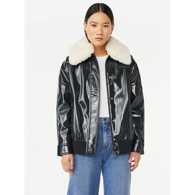 Scoop Women's Oversized Faux Leather Jacket with Faux Fur Collar, Sizes