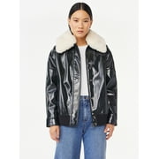 Scoop Women's Oversized Faux Leather Jacket with Faux Fur Collar, Sizes XS-2XL