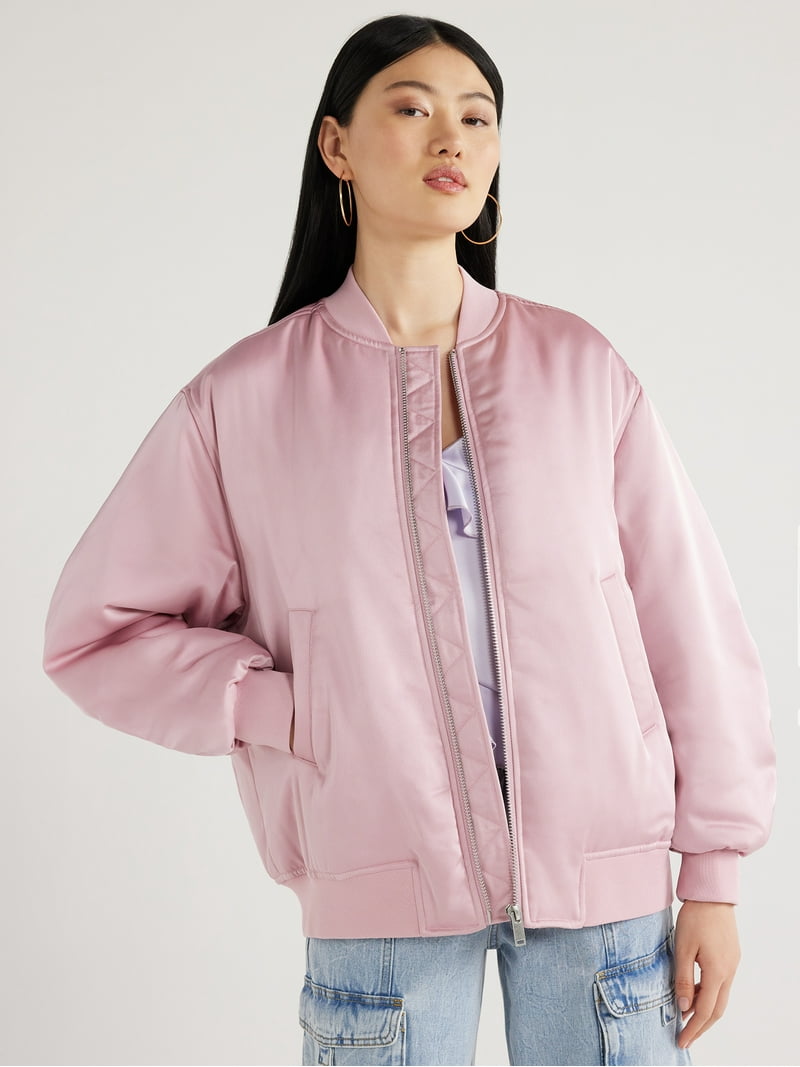Scoop Women's Oversized Satin Bomber Jacket with Rouched Sleeves