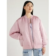 Scoop Women's Oversized Satin Bomber Jacket with Rouched Sleeves, Sizes XS-XXL