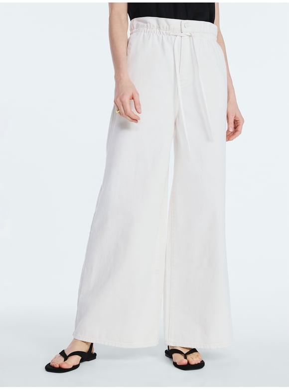 Women's Paperbag Waist Wide Leg Cotton Pants, 32" Inseam, Sizes XS-XXL