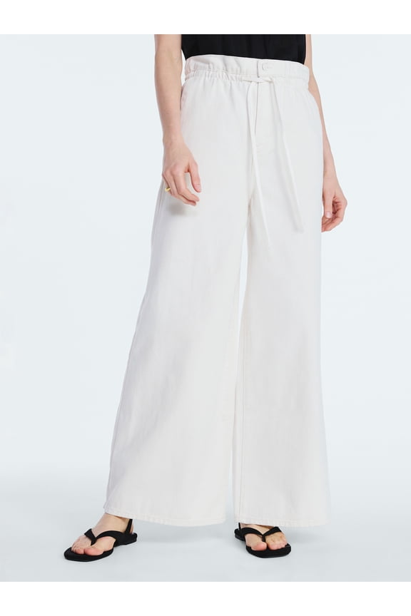 Women's Paperbag Waist Wide Leg Cotton Pants, 32" Inseam, Sizes XS-XXL