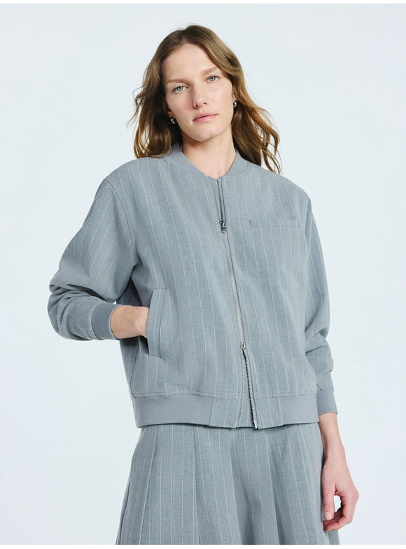 Women's Pinstripe Bomber Jacket, Midweight, Sizes XS-XXL