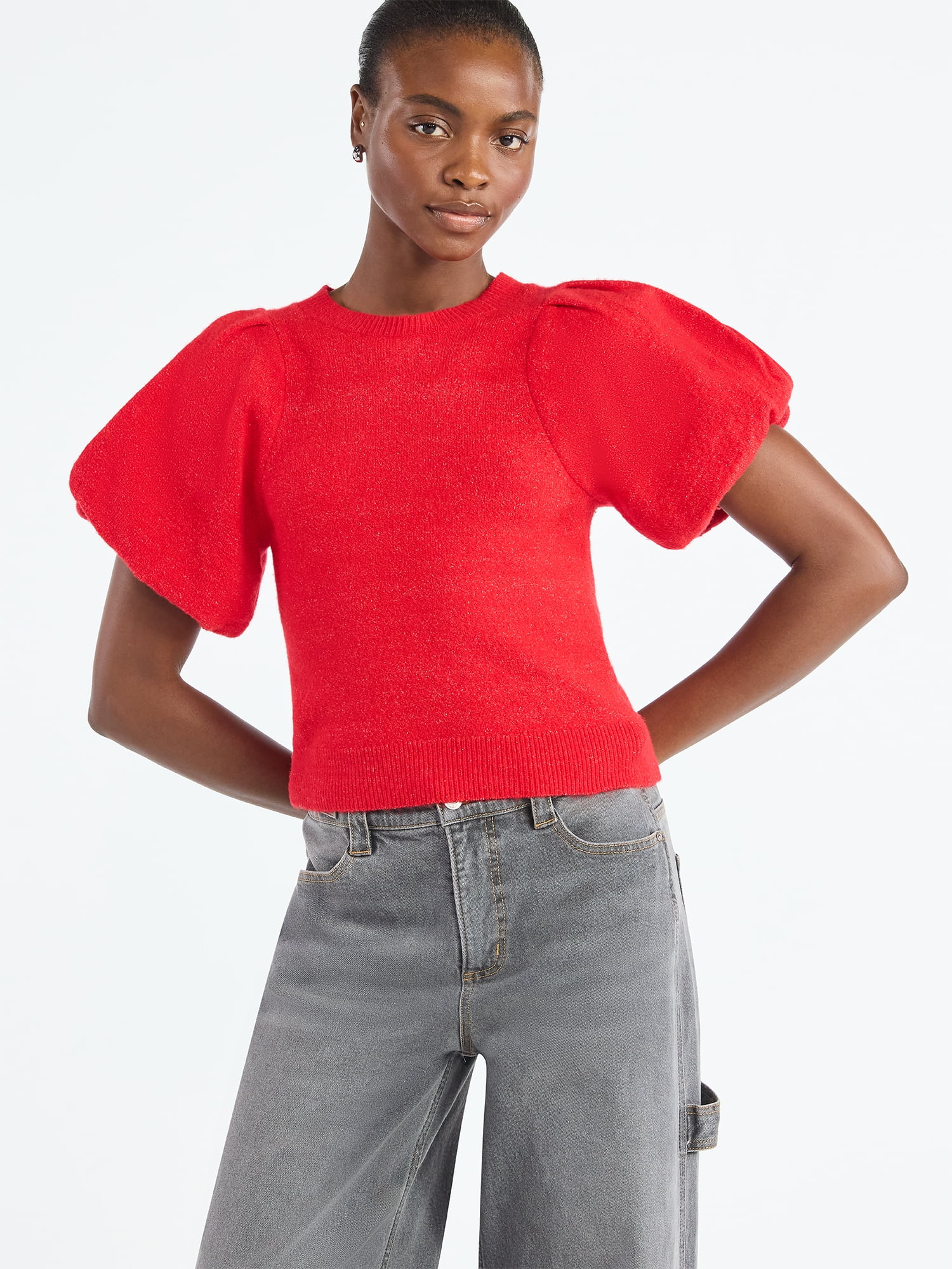 Scoop Women's and Women's Plus Sweater Top with Puff Sleeves, Lightweight, Sizes XS-4X