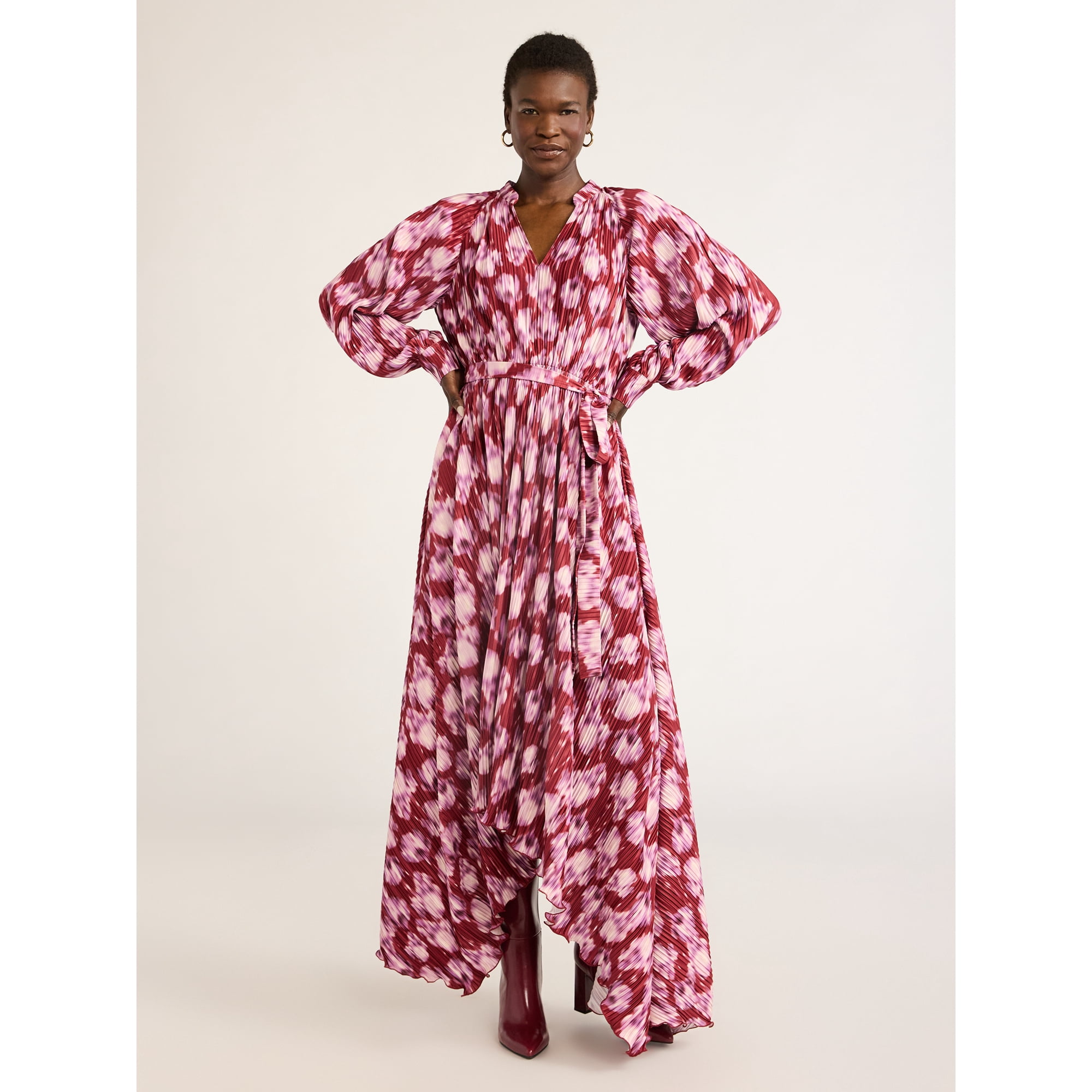 Scoop Women’s Pleated Handkerchief Hem Dress with Long Sleeves, Sizes XS-XXL