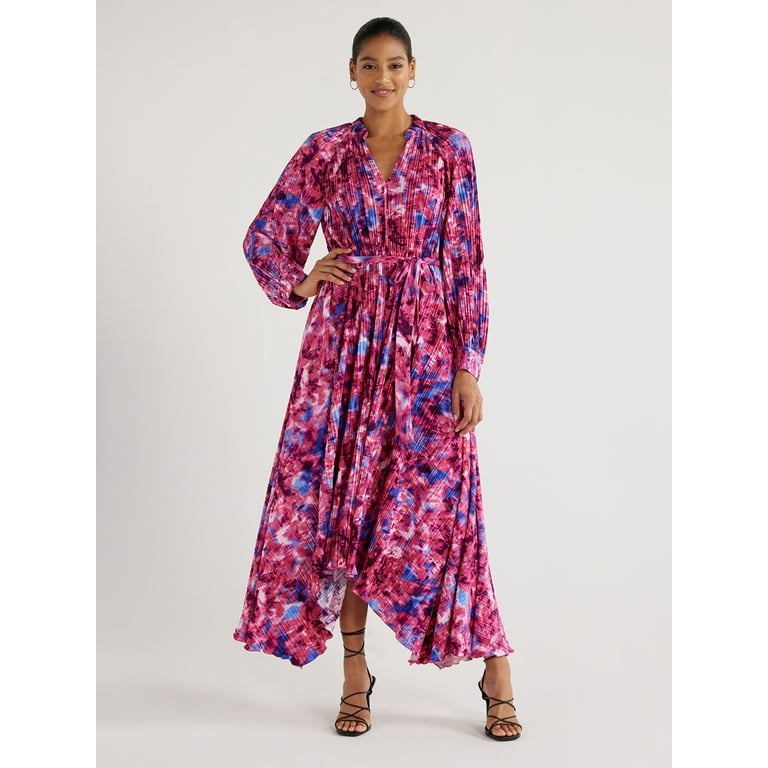 Scoop Women s Pleated Handkerchief Hem Dress with Long Sleeves Sizes XS XXL Walmart
