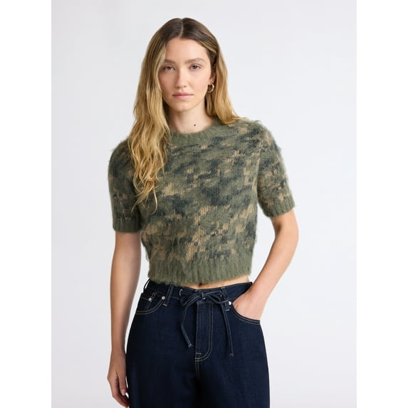 Scoop Women's and Women’s Plus Fluffy Sweater with Short Sleeves, Lightweight, Sizes XS-4X