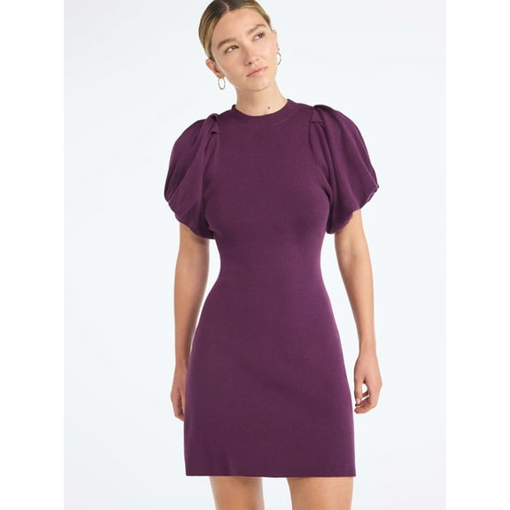 Scoop Women's and Women's Plus Sweater Dress with Puff Sleeves, Sizes XS-4X